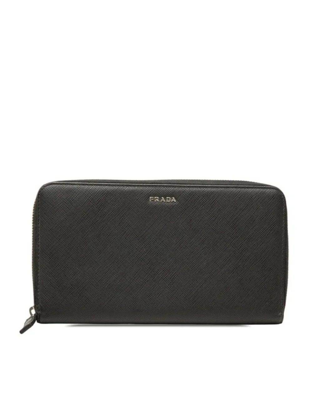 Prada Logo Wallet Zip Around Black Leather